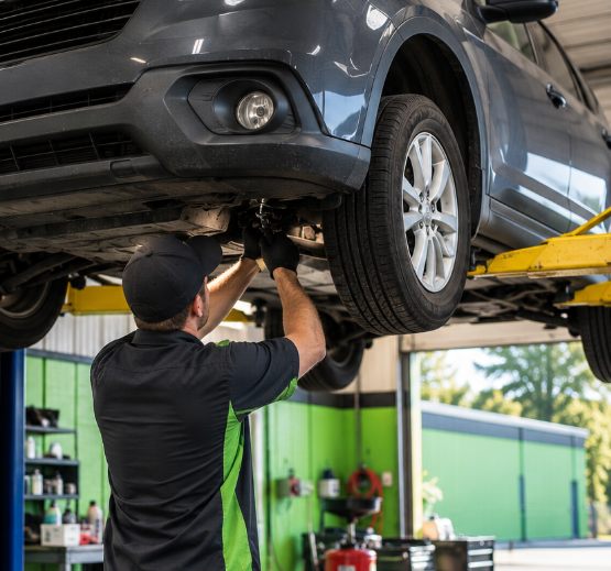 Mechanic working under a lifted SUV at Lakeside Auto Repair, an auto repair shop in Stanley, NC